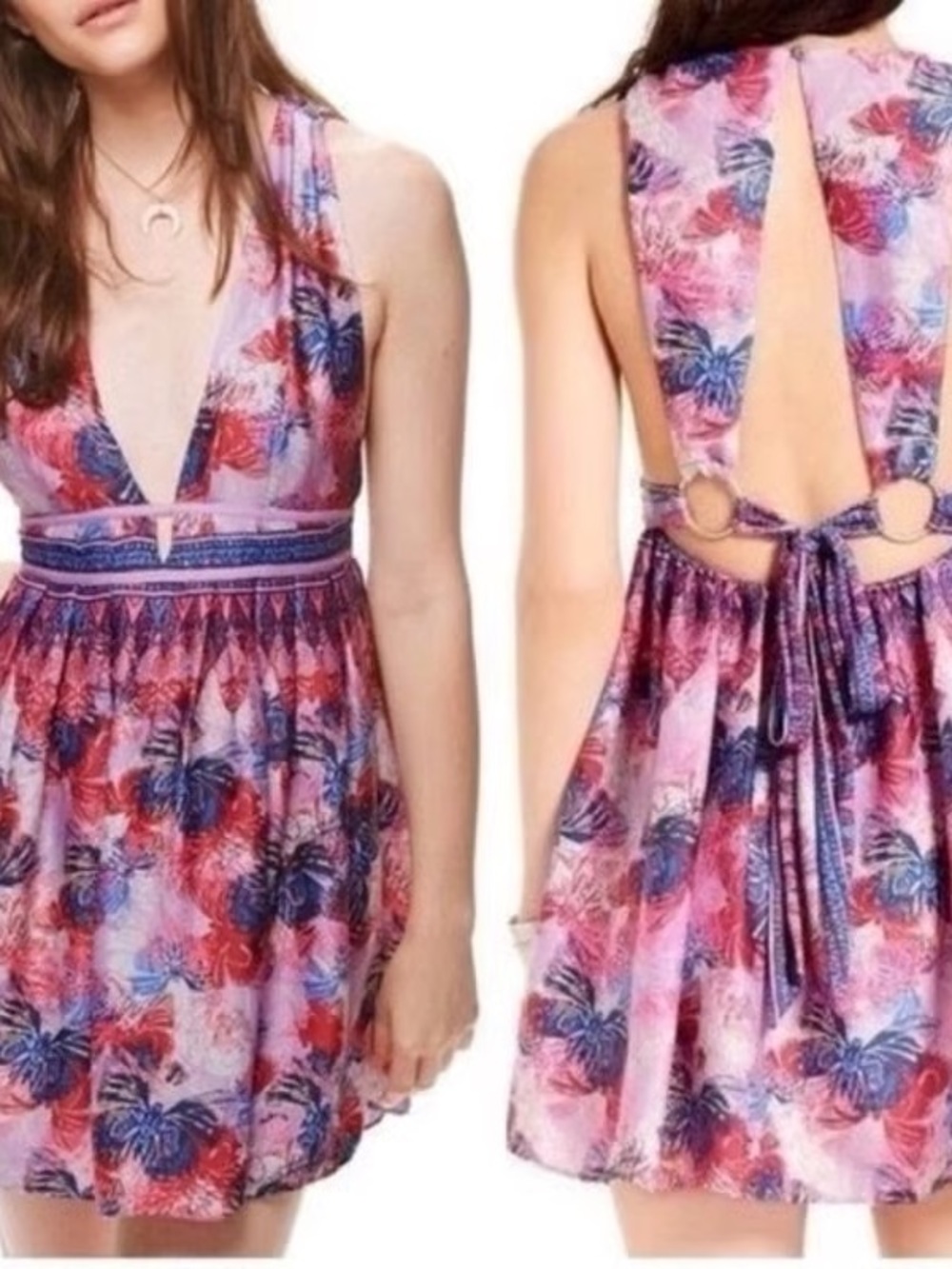 Free People Pink Purple Floral Boho Mini Dress
